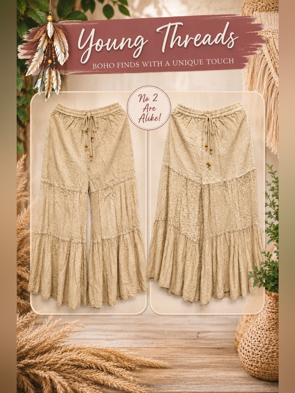 215 Young Threads Boho Wide-Leg Patchwork Pants - Cream